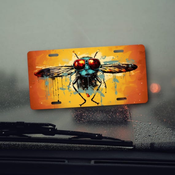 Hip little Bug License Plate - vibrant watercolor artwork - Sublimated Car Tag - Insect in Shades Pop Art - Squished Fly in sunglasses