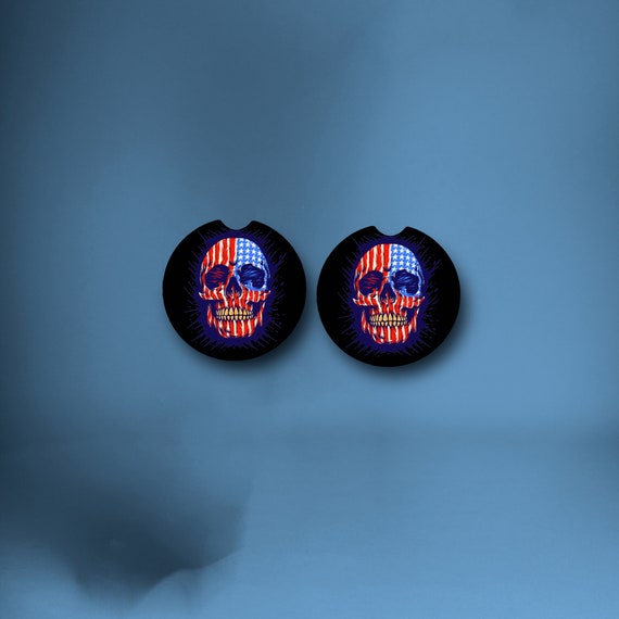 Biker Skull Car Coasters - Patriotic USA Flag- Creepy 4th of July - Bar Drink Coasters - Freedom, Independence Day - Ride or Die