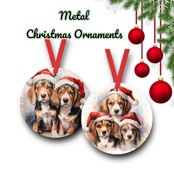 Beagle Christmas Ornament - Santa puppies - metal holiday Gift Tag - kids room decor - Personalized custom gift - hunting hound dog breed