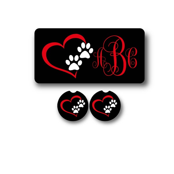 Pet Paw Print Personalized Car License Plate, Coasters - Red Heart Cat, Dog Gift - Love - Monogram  Memorial