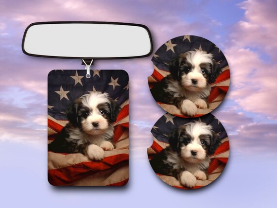 Cute Patriotic Puppy Car Accessories - Havanese, Doodle, Mixed Dog Breed Pet Lover Gift set - Drink Coasters - American Flag decor