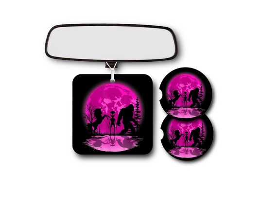 Pink Bigfoot Sasquatch, Alien, UFO Car Accessories -Yeti Coasters, Air Freshener - Mythical Beasts -Cryptid Hunter - Squatching Gift for Her