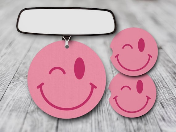 Pink Winking Smiley Face Emoji car accessories 3pc gift set - Retro Drink Coasters, Air Freshener - Dad joke gag gift for him - Bar Coasters