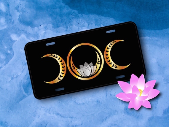 Lotus Flower License Plate - Gold - Zen Wiccan Pagan Nature Yoga, Feminine gift for her - Bike, ATV, Golf Cart, Name Plate - Moon Phases
