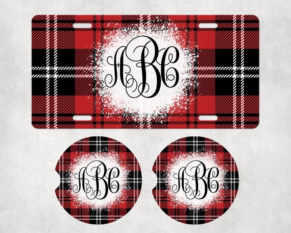 Red Buffalo Plaid Monogram Car Accessories - License Plate, Coasters, Air Freshener - Fathers Day gift for Dad, Gift for Boyfriend, Birthday