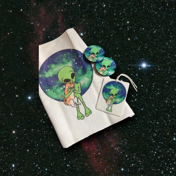 Alien, Cat Car accessories - Drink Coasters, Screen Cleaning Cloth, Bar Rag - Orange Cat Daddy - Fantasy Kitty Space Decor - Cute Teen Gift
