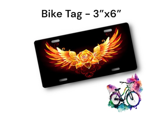 Fiery Phoenix Kids Bike Plate - Flaming Rose Bicycle Tag - Wall Decor - 3x6 License, Stroller Tag - Personalized Eternal Love, Remembrance