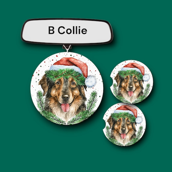 Christmas Dog Breeds Car Accessories - Collie, Shepherd, Spaniel, Retriever Coasters with Santa Hat - Stocking Stuffer gift sets