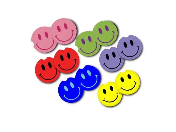 Smiley Emoji Car Coasters - Vintage Retro Hippie Car Decor - Happy Face Birthday Gift, Summer Party Favors for Kids, Picnic Drink Decor