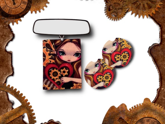 Steampunk Heart Car Accessories - Clockwork Valentine Gothic Fantasy - Anime Fairy Gift set - Jasmine Becket - Strangeling - Teen Girl Gift