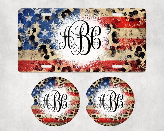 Leopard Print Monogram Car Accessories - Cheetah Car Coasters, license plate, air freshener - Personalized Gift for Her - Patriotic USA Flag