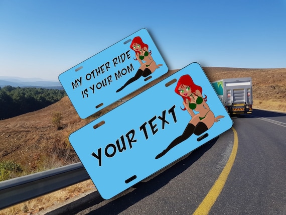 Custom License Plate - Sexy personalized pinup car Tag - Big boobs, huge Tits - Birthday Gag Gift for Him - Man Cave Decor - Your Text Here