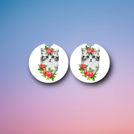Cat Car Coasters - White Kitten with Pink Roses - Spring Floral - Mothers Day, Birthday gift for Friend, Girlfriend, Her - Pet Sitter Gift