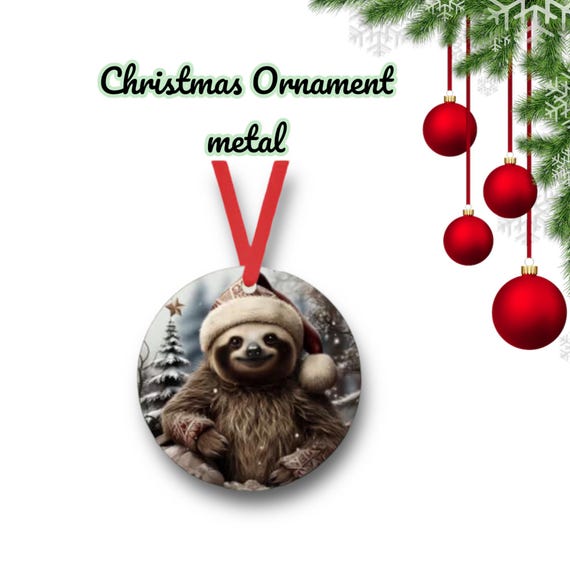 Santa Sloth 6 Christmas Ornament - cute zoo animals - metal holiday Gift Tag - Party Favors - whimsical Winter Kids room decor