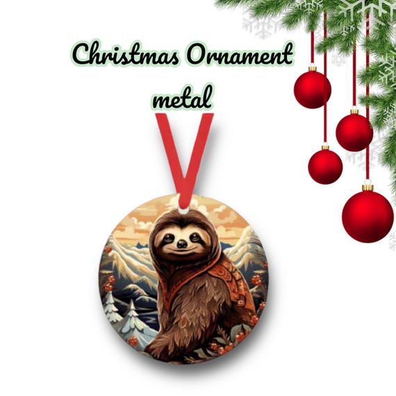 Santa Sloth 14 Christmas Ornament - cute zoo animals - metal holiday Gift Tag - Party Favors - whimsical Winter Kids room decor