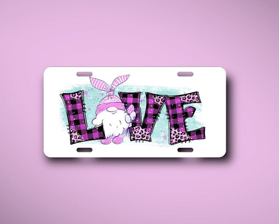 LOVE Gnome Bunny License Plate Pink Valentines Gift for Her - Easter Basket gift- Plaid with Cheetah Print - Gnome with Bunny Ears Car Tag