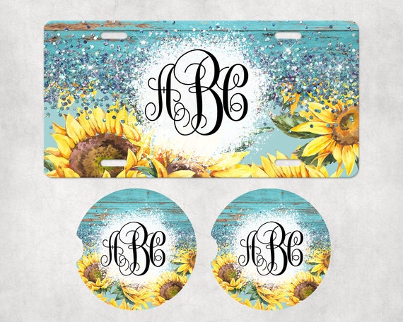 Personalized Car Accessories - Sunflower Monogram Coasters, License Plate, Air Freshener - Summer Birthday gift for Mom, friend, girlfriend