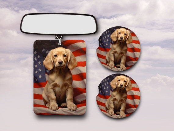 Cute Patriotic Puppy Car Accessories - Labrador Retriever, Golden, Mixed Dog Breed Pet Lover Gift set - Drink Coasters - American Flag decor