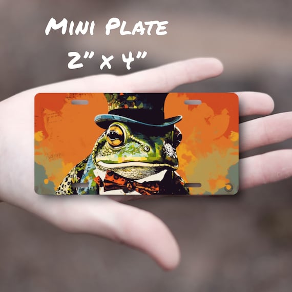 Frog Mini License Plate - Top Hat Pop Art - Kids Room Nursery Decor - Small Metal Wall Sign - Scooter Tag, Bike Name Plate, Tricycle Plate