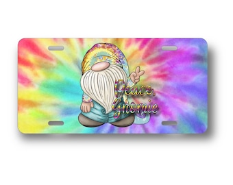 Peace Gnomie - Retro Hippie Gnome License Plate - Funky Tie Dye Car Tag - Father’s Day Dad gift - Bike, Motorcycle, ATV, Golf Cart signs