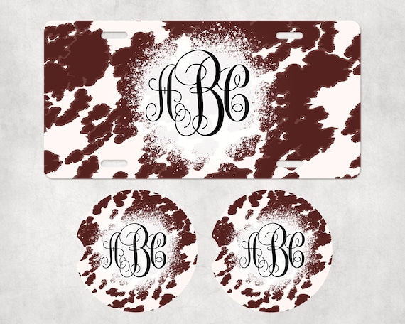 Cow Hide Monogram Car Accessories - Western Cowboy Cowgirl Rodeo Coasters - Thank You Gift for Cattle Ranch Hand