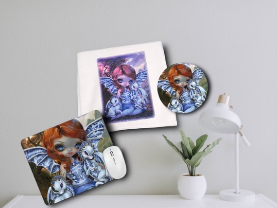 Dragon Mouse pad - Office Desk Accessories - Blue Willow Screen Cleaning Cloth, Drink Coasters - gift for Mom, teen girl - Gothic Fantasy