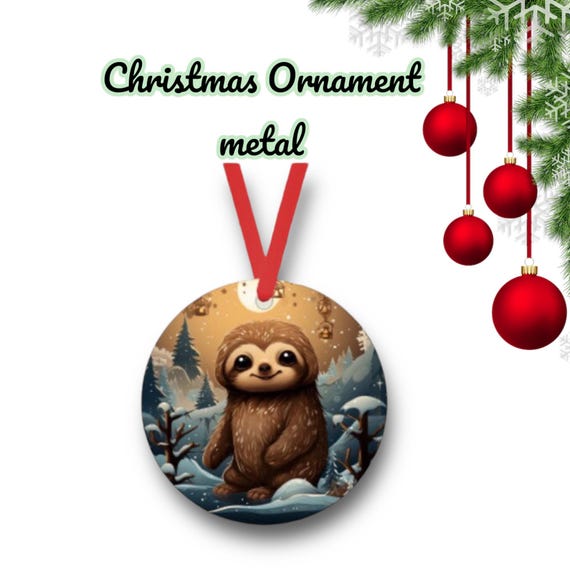 Santa Sloth 15 Christmas Ornament - cute zoo animals - metal holiday Gift Tag - Party Favors - whimsical Winter Kids room decor