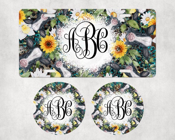 Cows Sunflowers Monogrammed Car Accessories - Personalized Coasters -Easter, Spring Birthday Gift for Her -BOHO Rustic Farm -Custom Initials