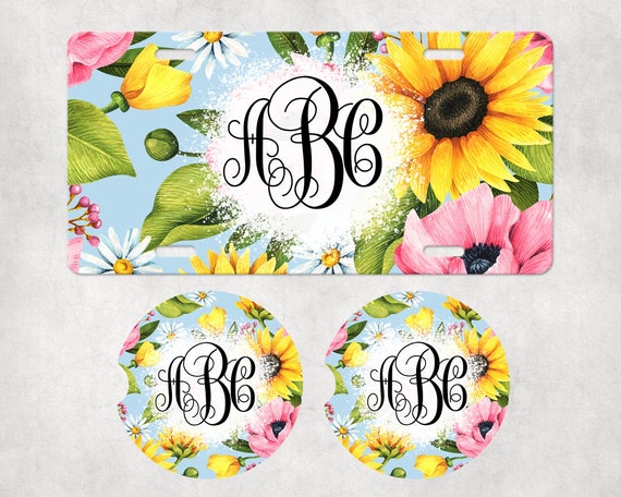 Monogram Car Accessories - Garden Flowers - Sunflowers, Peonies - Coasters, license plate, air freshener, Towel - Floral Summer Gift for Her