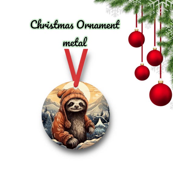 Santa Sloth 1 Christmas Ornament - cute zoo animals - metal holiday Gift Tag - Party Favors - whimsical Winter Kids room decor