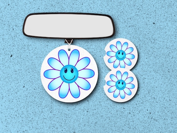 Blue Daisy car coasters, accessories - Retro Smiley Face Emoji - Vintage Hippie Flower Power - Office Cubicle Decor for Her - Cute Teen Gift