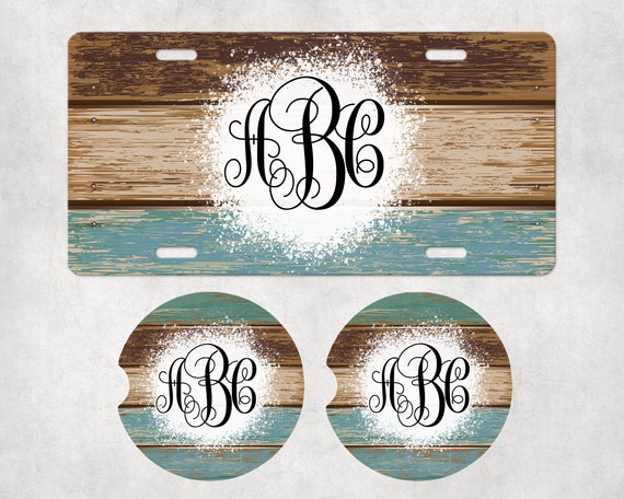 Monogram Car Accessories - Distressed Farmhouse Woodgrain Boho Grunge Decor- License Plate, Coasters, Air Freshener gift set for him.