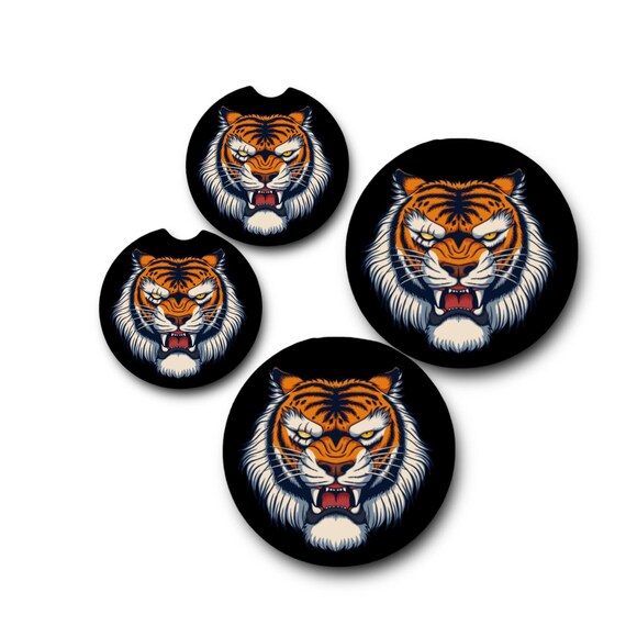 Tiger Car Coasters - Big Angry Cat - School Mascot - Birthday Gift for Boyfriend - Teen Thank you gift for Teacher, Coach, Dad - Team Spirit