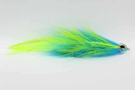 Blue and Chartreuse Jointed Muskie Fly - Pike Bass Streamers - Saltwater  7”-8” Lure
