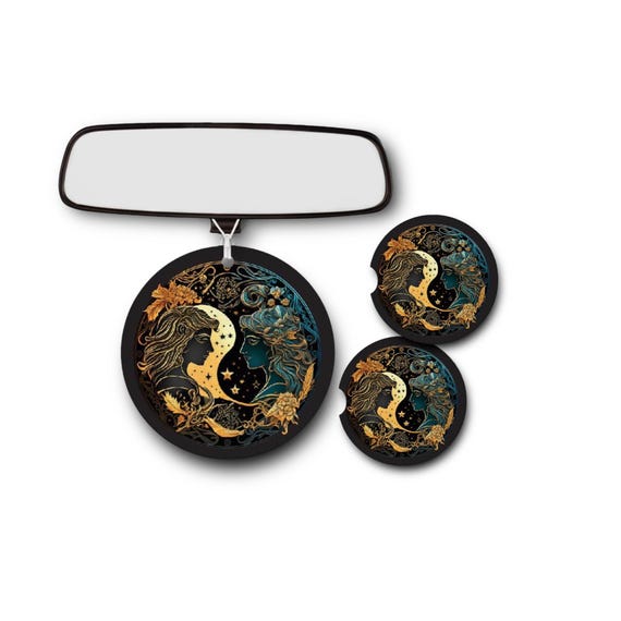 Gemini Zodiac car Accessories - Coasters, Air Freshener - Celestial Air Element - May 21st to June 20th Birthdays - Constellation Gift set