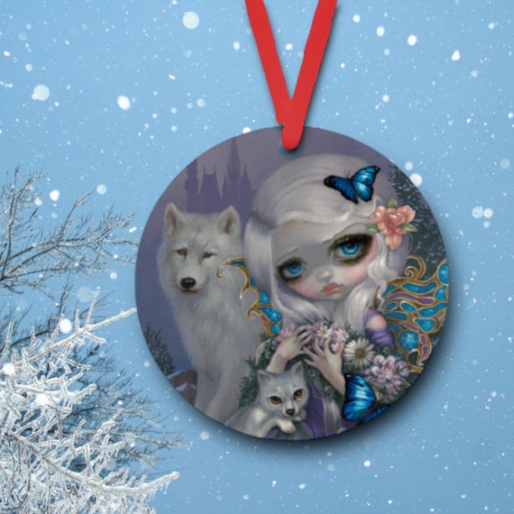 White Wolf Christmas Ornament - Gothic Victorian Winter Fairy, Blue Butterflies -metal Christmas Gift Tag for Teen - Party Favors