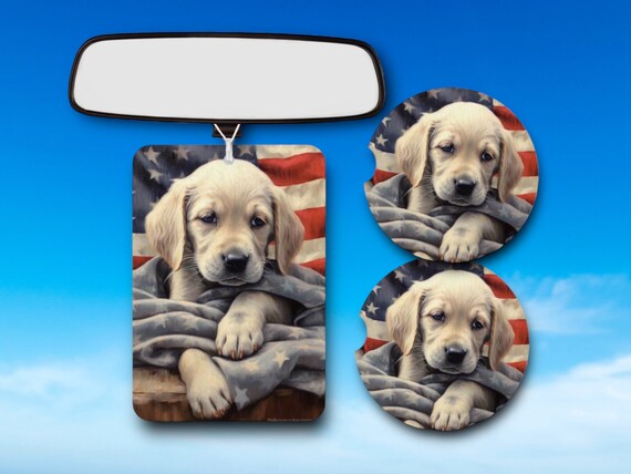 Cute Patriotic Puppy Car Accessories - White, Silver Lab Retriever, Mixed Dog Breed Pet Lover Gift set - Drink Coasters - 4th of July decor