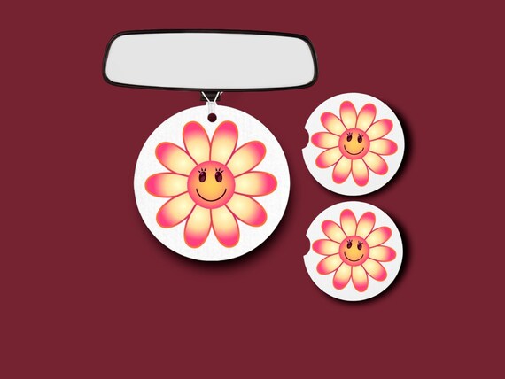 Red Daisy car coasters, accessories - Retro Smiley Face Emoji - Vintage Hippie Sunflower - Whimsical Floral Decor for Her - Cute Spring Gift