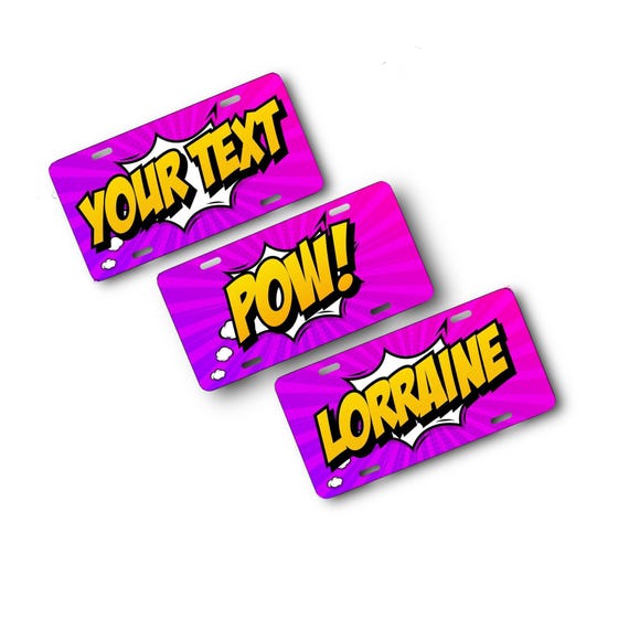 Comic License Plate - personalized pink custom car tag - Bar Decor - Metal Wall art - Your Text - retro Super Hero bike tag - Kids room