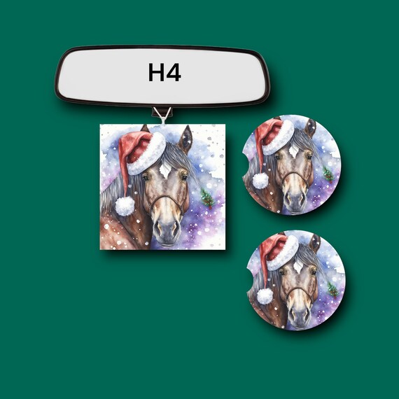 Christmas Horse Pony Car Accessories - Air Freshener, Coasters with Santa Hat - Stocking Stuffer gift set