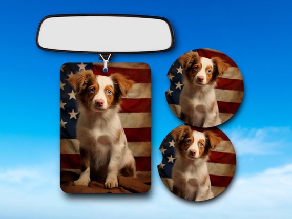 Cute Patriotic Puppy Car Accessories - Border Collie, Aussie, Mixed Dog Breed Pet Lover Gift set - Drink Coasters - American Flag decor
