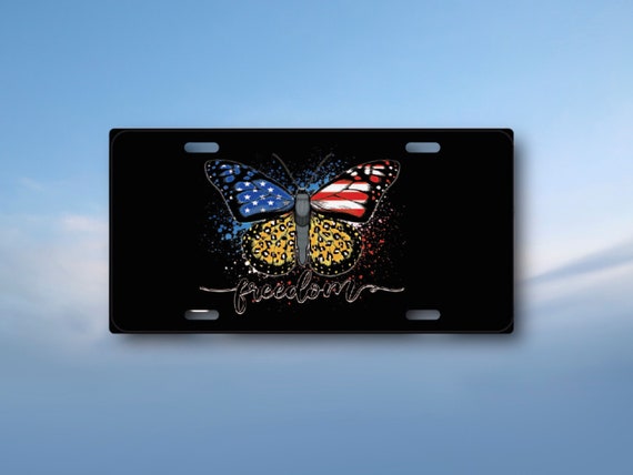 Freedom Butterfly Patriotic License Plate - USA American Flag Red White Blue, leopard print car accessories - Metal Bar sign, She Shed