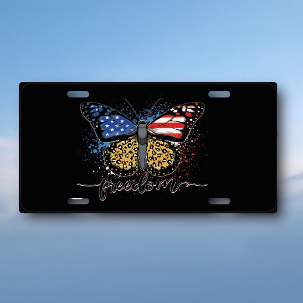 Freedom Butterfly Patriotic License Plate - USA American Flag Red White Blue, leopard print car accessories - Metal Bar sign, She Shed
