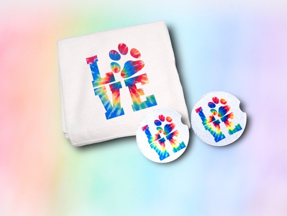 LOVE Paw Print - Tie Dyed Car Coasters Air Freshener Towel - Office Desk Decor Computer Screen Cleaning Cloth Coffee Mug Pet Paw Dog Mom Dad