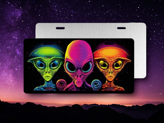 Aliens License Plate - Neon Car Tag - Halloween Party, Haunted House Wall Decor -Metal Bar Sign - Fantasy Sci Fi Space - Futuristic Horror