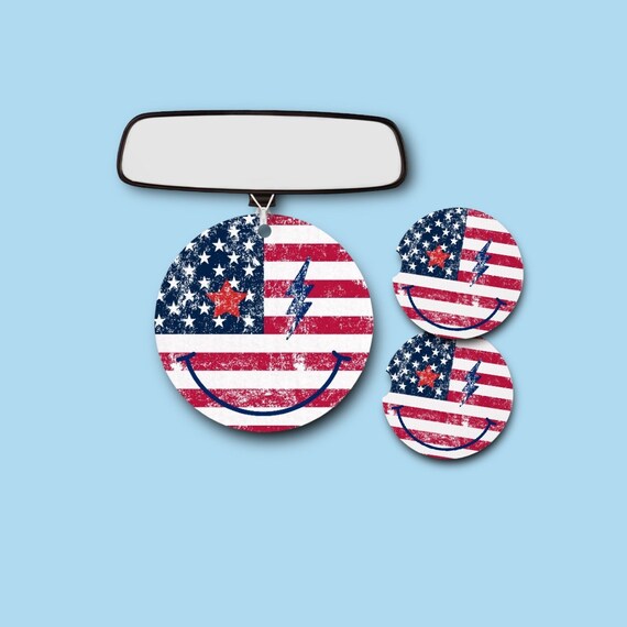 Patriotic Smiley Face Emoji car accessories 3pc gift set - Retro Distressed Grunge American Flag - Red White and Blue - USA - Veteran Gift