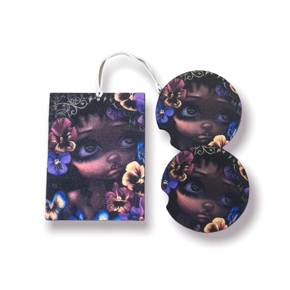 Pansies Floral Car Accessories - Coasters, Air Freshener - 3pc Gift for Her - Jasmine Becket Griffith Strangeling - Mother’s Day for Mom