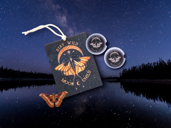 Stay Wild Moon Child- Celestial Luna Moth - 3pc Car accessories gift set - Coasters, Air Freshener - Gift for Teen Driver