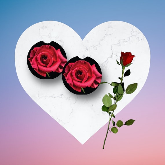 Red Rose Car Coasters - Birthday Gift for Her - Valentines, Mothers Day, I’m Sorry - Flower Car Accessories - Romantic Floral Car Decor