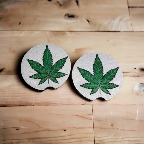 Marijuana Car Coasters - Weed, Cannabis 420 -Green Pot Leaf Car Decor - Neoprene Drink Coasters for Bar, Dorm Room, Man Cave - Birthday gift